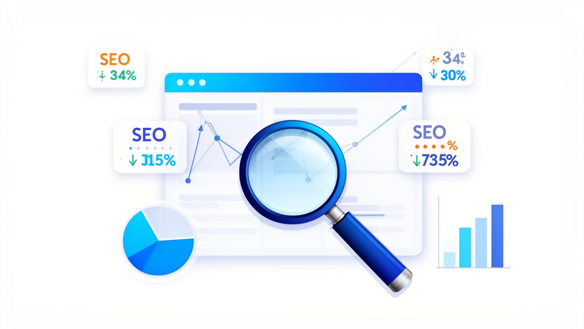 Illustration de l'analyse de site web avec loupe sur une interface SEO montrant des métriques et graphiques de performance