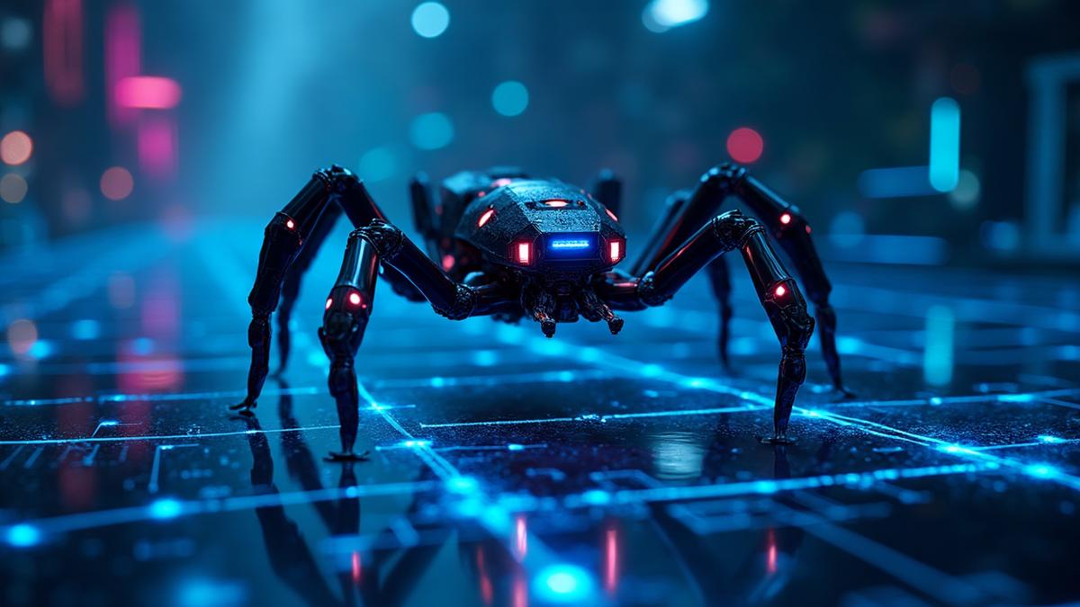 Robot crawler futuriste explorant un réseau de données numériques