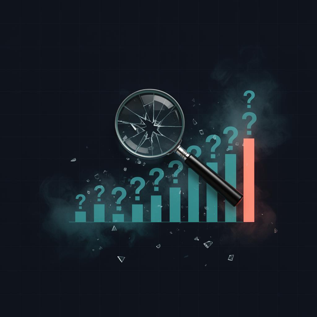 Loupe révélant des métriques fictives sur un dashboard de share of voice LLM - illusion statistique